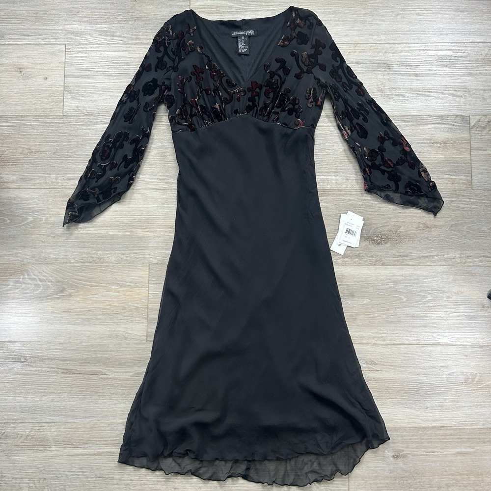 VTG‎ Jonathan Martin Size 6 Black Silk Floral Fairy  Ruffle Midi Dress Sheer Slv